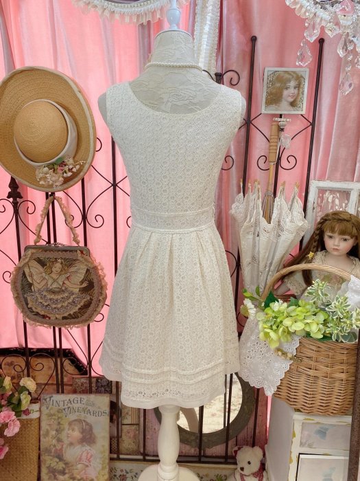 古著屋少女vintage清新夏日 奶白色蕾絲連身裙