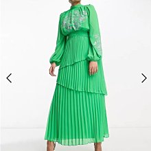 (嫻嫻屋) 英國ASOS-綠色高領長袖花卉刺繡束腰上衣百褶長裙洋裝禮服EC23