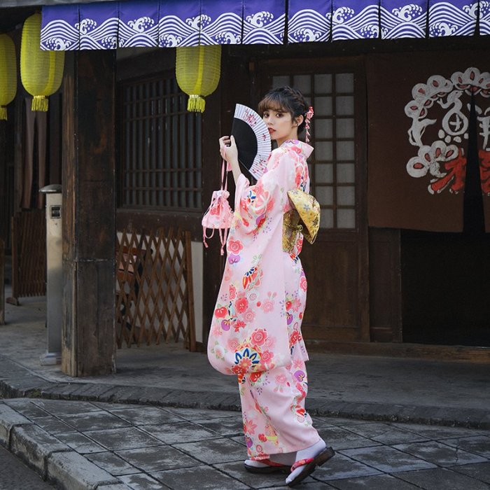 日系和服月下和服可愛少女櫻花季粉色日本和服正裝女改良振袖和服