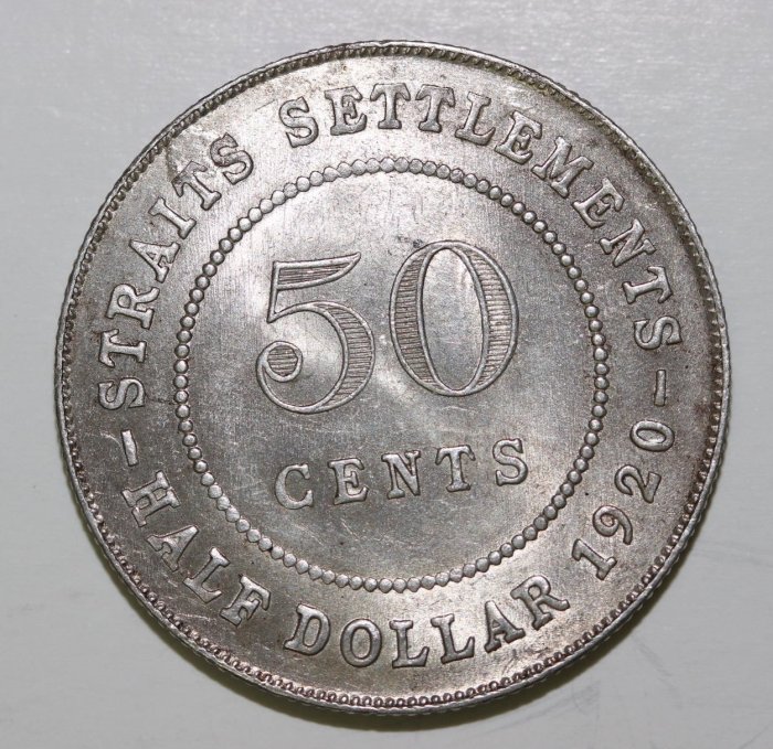 稀有 1920 年 英屬 海峽殖民地 印度 喬治五世 50 分 Cents 半元 1/2 大型 銀幣 原光 美品