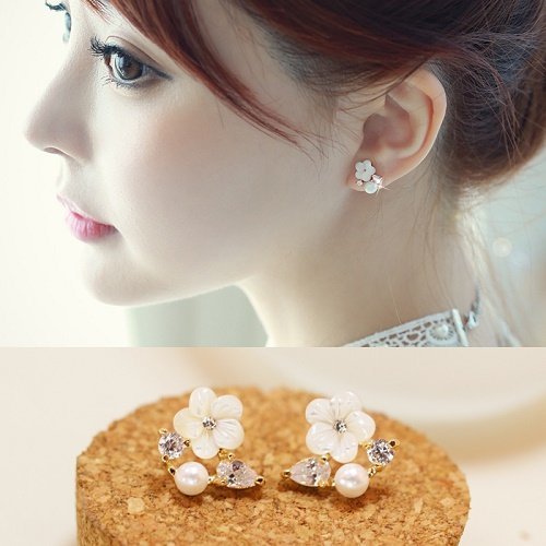 【NiNi Me】夾式耳環 貝殼花朵珍珠水鑽夾式耳環 夾式耳環 E0009