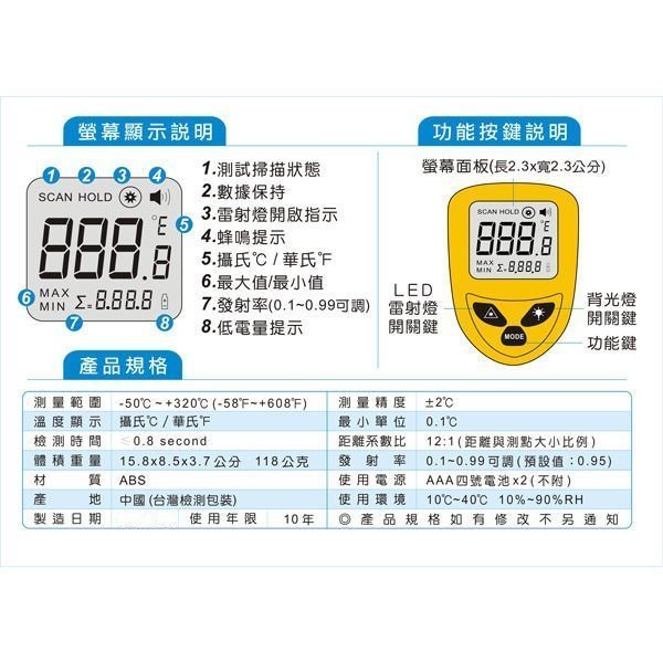 一鑫餐具 【KINDAIRO紅外線測溫槍 ID15 無附電池】 紅外線溫度計