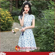 S-4XL加大碼新款蕾絲短款日常旗袍改良版年輕少女款修身復古中國風連衣裙-亮點(青花)-水水女人國