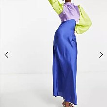 (嫻嫻屋) 英國ASOS-紫色高領黃色袖對比藍色長裙鍛面洋裝禮服PL22