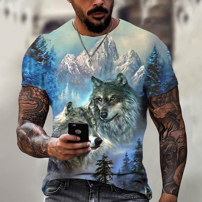 狼3D列印短袖男士t恤，大尺碼運動衫，時尚街頭服飾，廉價t恤，2023年