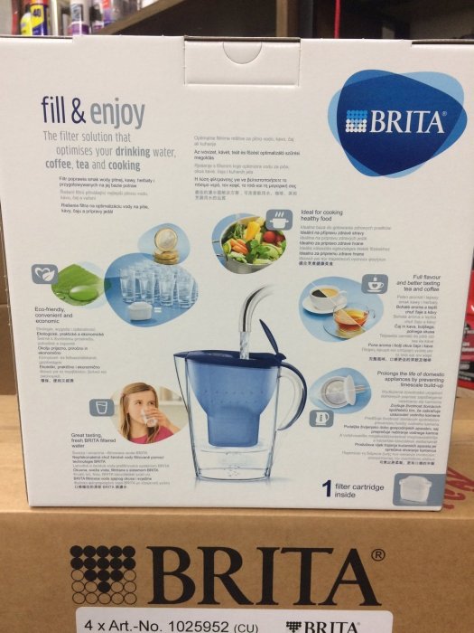 【BRITA 德國】Marella、(L)、2.4L、濾水壺/藍色、附濾芯4顆，4盒裝/箱【德國原裝進口】滿箱區