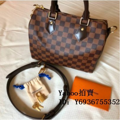 Simon二手正品 LV N41368 SPEEDY BANDOULIERE 25CM 棋盤格波士頓包 枕頭包 醫生包