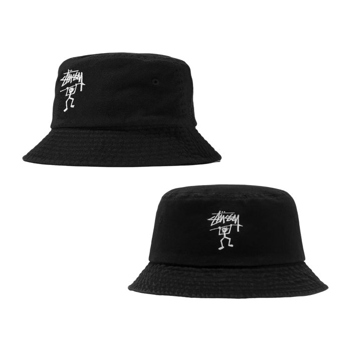 STUSSY 漁夫帽WARRIOR MAN BUCKET HAT 火柴人黑/白水洗平頂漁夫