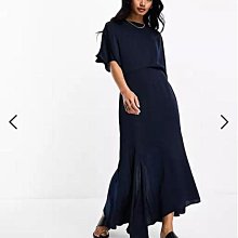 (嫻嫻屋) 英國ASOS-藍色圓領飄曳袖不對稱下擺中長裙洋裝禮服EK23