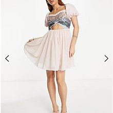 (嫻嫻屋) 英國ASOS-Maya繽紛亮片泡泡袖綁帶背上衣粉色雪紡洋裝禮服EL23