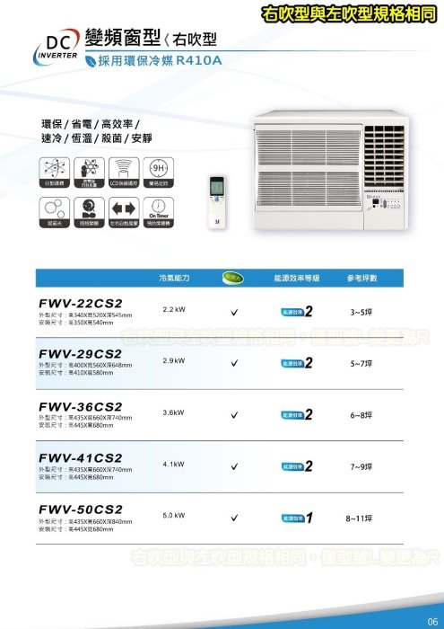 CSPF新能效一級冰點空調5~7坪R410新冷媒DC直流變頻窗型冷氣機 《FWV-29CS2R》殺菌光清淨裝置！開利oem