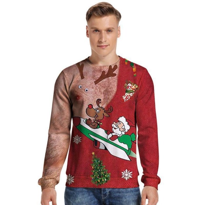 中性男/女醜陋聖誕毛衣長袖聖誕老人聖誕保暖套頭運動衫-時尚精選