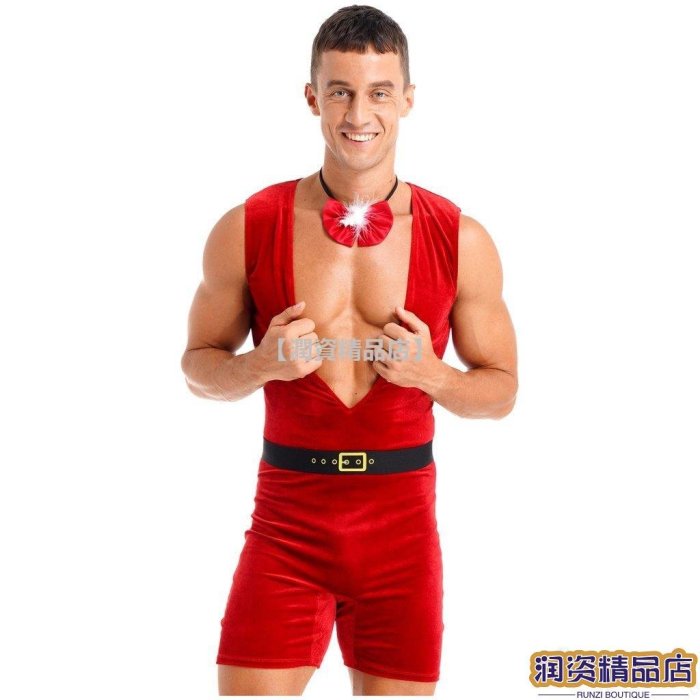 【潤資精品店】男士聖誕派對服裝深 V 領無袖天鵝絨緊身連衣褲連身衣帶腰帶羽毛裝飾領結