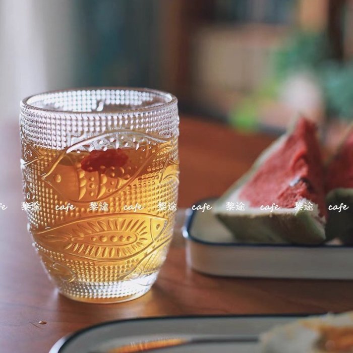 “正品”日式ins魚紋玻璃杯浮雕水杯早餐杯復古小眾異形咖啡杯果汁飲料杯