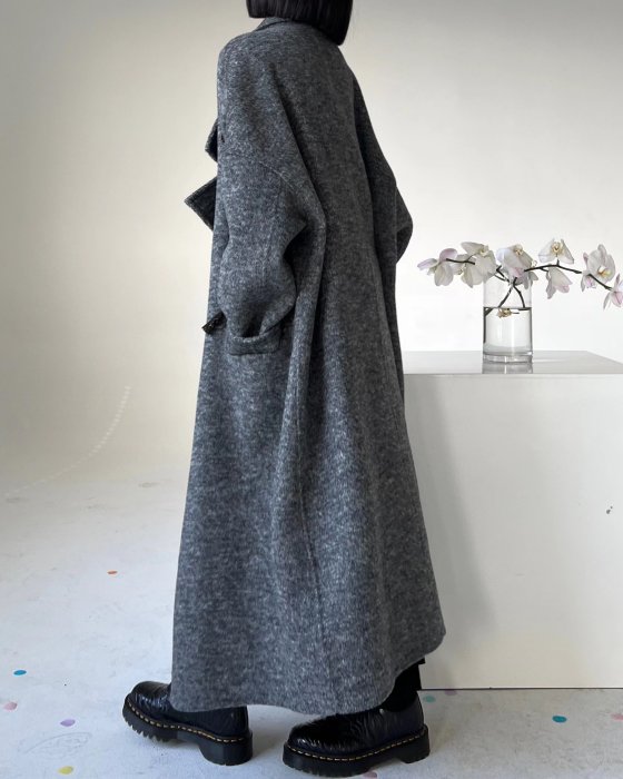 ►DR.DESIGN│DR33513-暗黑歐美小眾 廓形 牛角扣 大外套 高級灰色 雙面 羊毛大衣