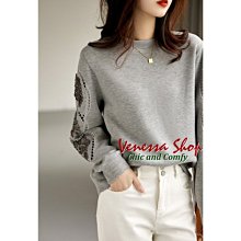 VENESSA~ 新款 手工花朵 鏤空設計 寬鬆圓領長袖衛衣T恤上衣 3色 (Q1077)