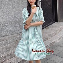 小V特賣館~ 歐單 新款 初戀甜美氣質 減齡泡泡袖 豎條紋連身裙 襯衫裙 洋裝 2色 (T2074)
