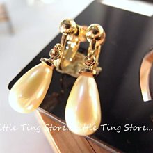 Little Ting Store:Store 德國進口古董黃金Ｋ色底垂吊水滴珠光珍珠貼耳夾式栓式貼耳飾垂吊螺旋夾式耳環