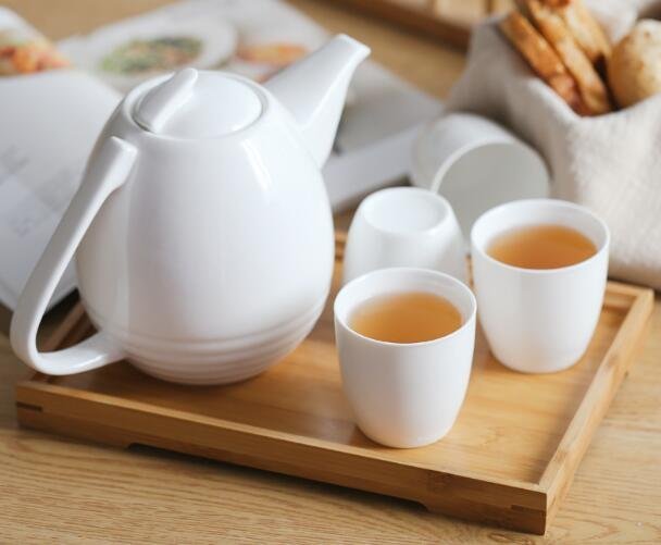 5581A 日式 陶瓷簡約茶壺茶杯組 日系泡茶壺白瓷和風泡茶壺一壺四杯竹盤套裝花茶壺竹茶盤午茶壺套裝
