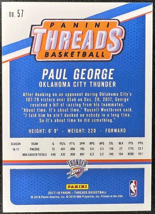 NBA 球員卡 Paul George 2017-18 Threads Dazzle 亮面 限量99