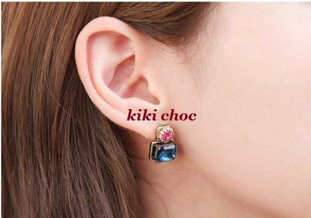 ♥kiki choc♥正韓*鋼針* 單鑽+彩色方塊寶石耳環耳針/耳夾/無耳洞夾式   宋慧喬 李聖經