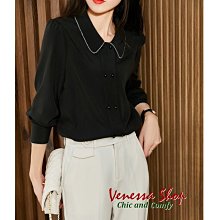 VENESSA~ VS 新款 精緻美感 復古法式珠鏈裝飾 微寬鬆翻領雙排扣金屬絲襯衫上衣 (R1087)
