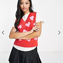 (嫻嫻屋) 英國ASOS-Monki粉紅色愛心圖案紅色針織V領背心上衣EA23