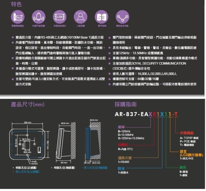 人臉辨識 SOYAL AR-837-EA  茂旭 讀卡機 門禁 控制器 考勤 雙模 內建 TCP/IP 可加體溫感應模組