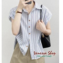 VENESSA~ 歐單 SE 新款 休閒通勤 豎條紋小飛袖 寬鬆短袖襯衫 大碼 (R1532)CT