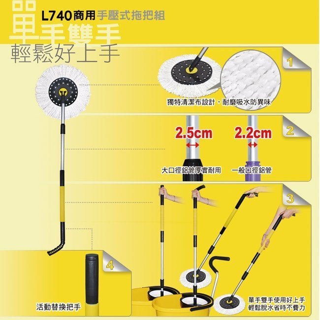 HZ001好神拖-L740商業用拖把組 超大版省時又省力【1拖1桶2布+1車】免運限本島寄送