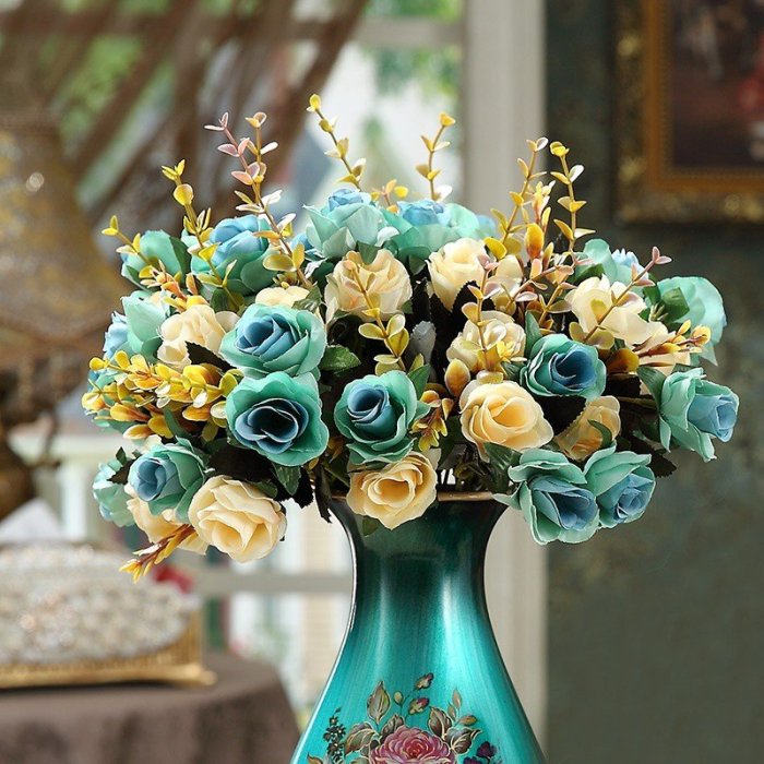仿真花客廳擺件歐式仿真玫瑰花束裝飾布絹花客廳裝飾仿真花假花