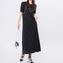 歐美 新款 女の黑色短袖洋裝 個性明線裝飾 簡約圓領T恤裙 直筒過膝長裙 小黑裙 (L1345)nw