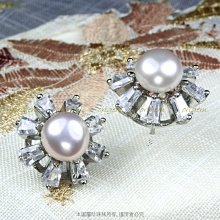 珍珠林~天然淡水珍珠八梯形晶鑽針式耳環~8MM紫珍珠#578+1