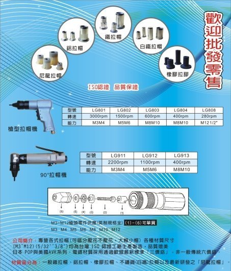 LG-801,LG-802氣動拉帽槍可拉鐵拉帽、鋁拉帽附2組槍頭(M3~M8任選)槍頭組及槍頭零件可單買