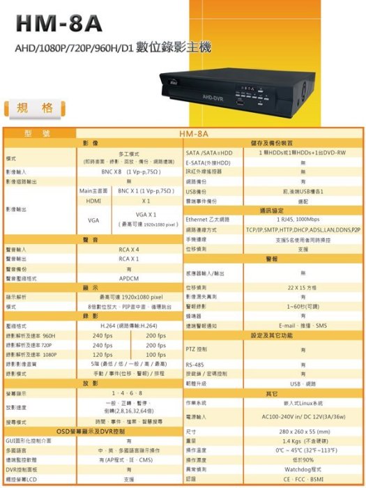 【環名】AHD 1080P 720P 8路 8CH 主機 DVR 套餐 SONY 攝影機 6支 台灣製造 品質穩定