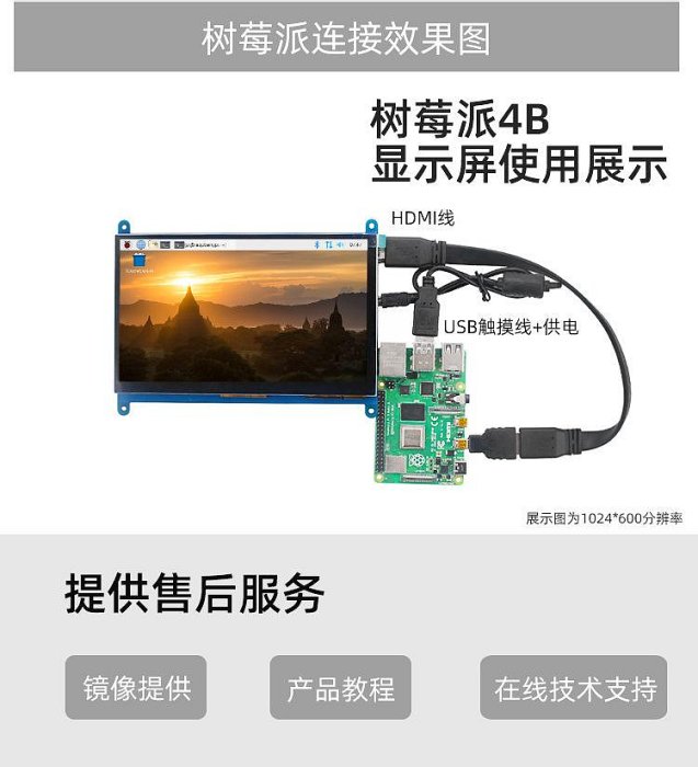 【紘普】附支架樹莓派 Raspberry Pi 7吋HDMI觸控電容IPS螢幕 (支架) 支援4B/3B+ 1024*600