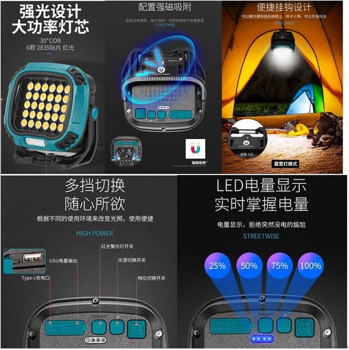 【購生活】W3 吊掛燈 250W LED COB 18650照明燈 吸磁燈 露營燈 工作燈 警示燈 手電筒 探照燈