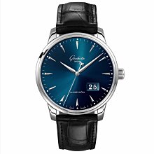 GLASHUTTE ORIGINAL 格拉蘇蒂 議員卓越系列 42mm 大日曆 藍色面盤 鱷魚皮錶帶 機械錶 1-36-03-04-02-30