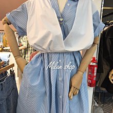 ☆Milan Shop☆網路最低價 正韓Korea專櫃款 高質感假兩件式縮腰條紋洋Ops 2色$1180(特價)