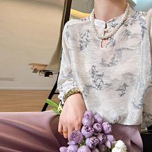 專櫃品質-淡雅國風新中式銀絲印花立領盤扣寬鬆燈籠袖襯衫