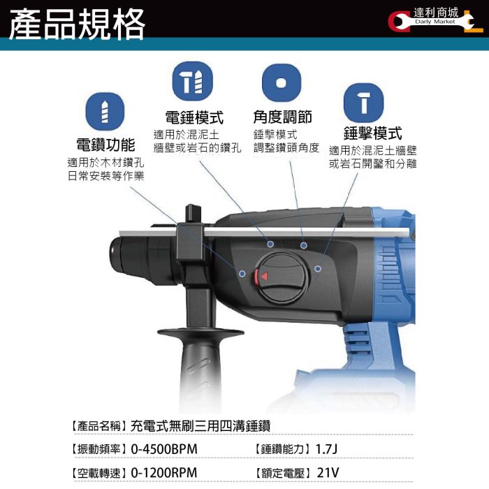 單電 [達利商城] 大和 DAIWA 無刷 三用錘鑽 四溝免出力電鑽 四溝電鑽 免出力錘鑽 21V 鋰電 牧田款