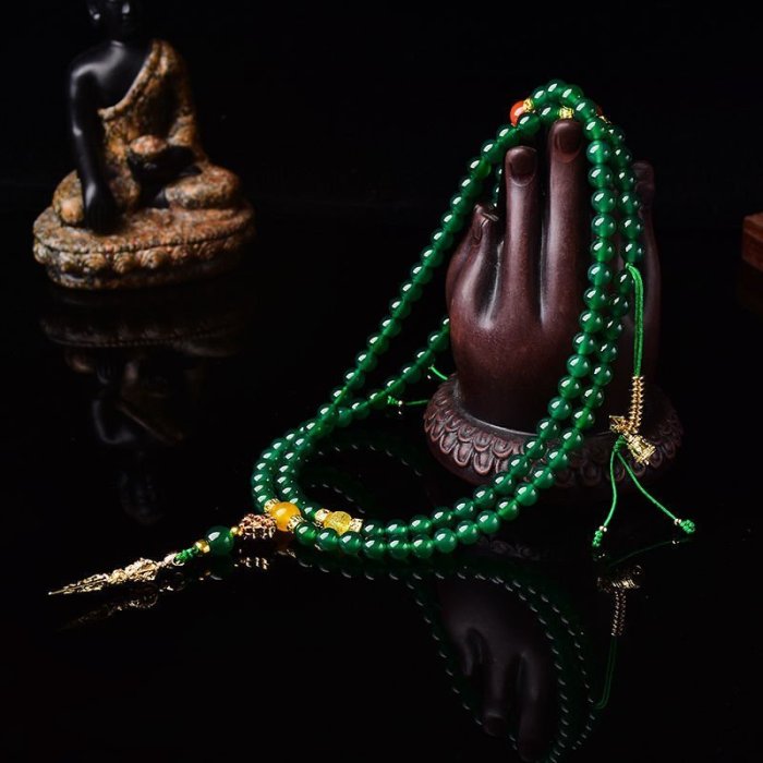 【熱賣精選】天然綠瑪瑙108顆佛珠手鏈念珠情侶款脖掛項鏈手串綠度母念珠飾品