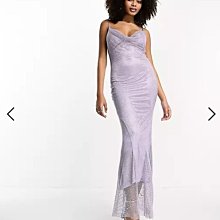 (嫻嫻屋) 英國ASOS-Rare London紫色網格垂墜領細肩帶長裙水鑽裝飾長洋裝禮服EE23