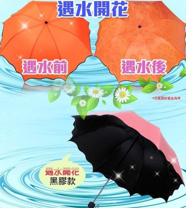 【寶貝屋】黑膠遇水開花傘 現花公主傘 防紫外線遮陽傘 折疊雨傘 超強防曬 黑膠傘