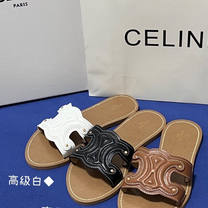 【King女王代購】CELINE 凱旋門拖鞋女外穿早春拖鞋賽琳網紅真皮外出平底涼鞋赫本風