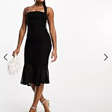 (嫻嫻屋) 英國ASOS-Vesper優雅時尚名媛黑色平口領魚尾中長裙洋裝禮服EI23