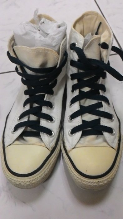 ~衣圓綺標&無底＊衣琦交流~ALL STAR-CONVERSE®-白色深藍鞋帶橘色圖案-mens4.5