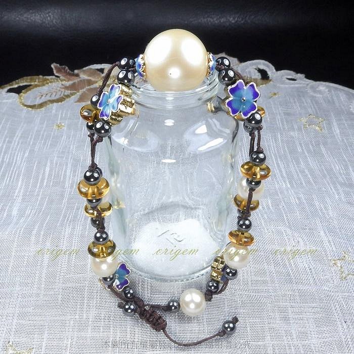 珍珠林~兩串式手鏈~白彩珍珠搭配蜜瑭璜玉、燒製琉璃珠與黑膽石#299+13