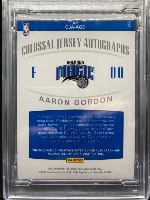 NBA 2017 National Treasure Aaron Gordon Auto /99 PSA 9 限量99張 金塊灌籃王 球衣簽名鑑定卡 卡面簽