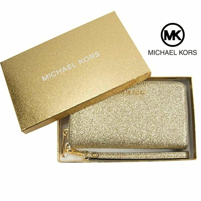 MICHAEL KORS （ 淡金色×金屬金色LOGO） 亮片 真皮防刮壓紋 拉鍊長夾  錢包 皮夾 附禮盒｜100%全新真品｜特價!